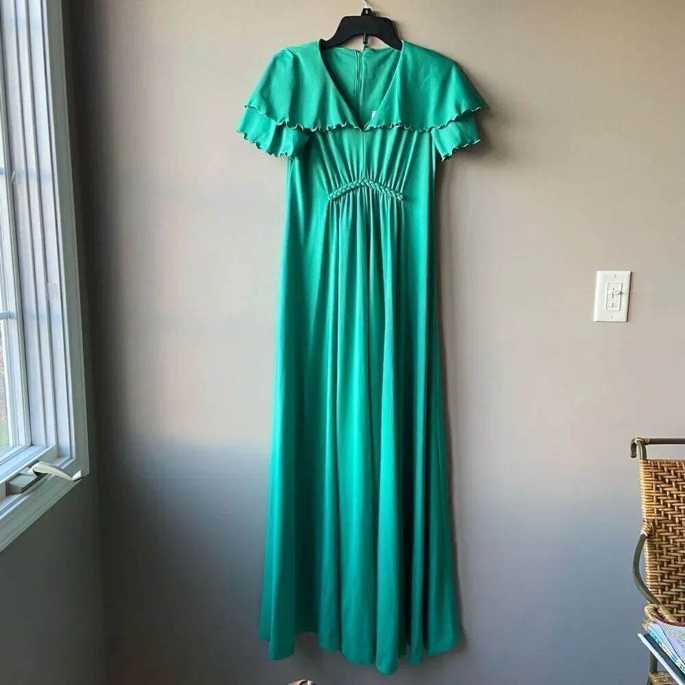 Vintage Deadstock Green 50s 60s Gown with Ruffled Collar and Braided Details SZ